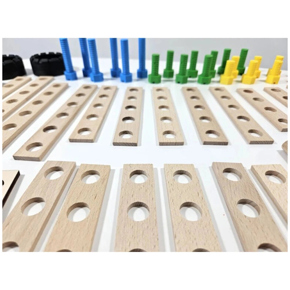 Wooden boards with holes, blue, green, yellow screws from Alexander Constructor Junior 100-piece set on white background.