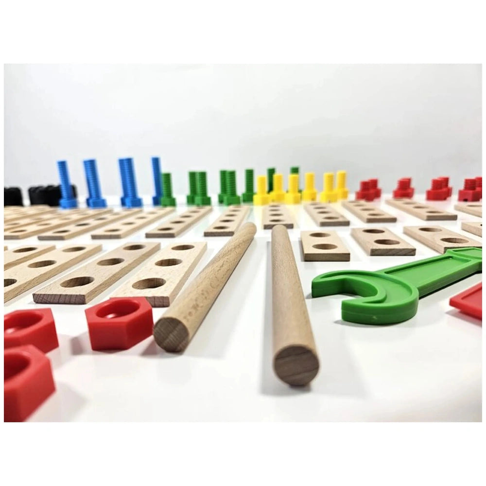 Colorful construction set with wooden boards, vibrant screws, nuts, and connectors, designed for creative building play.