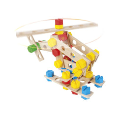 Wooden helicopter toy with colorful screws and connectors, featuring visible rotor blades and crafted from high-quality wood.