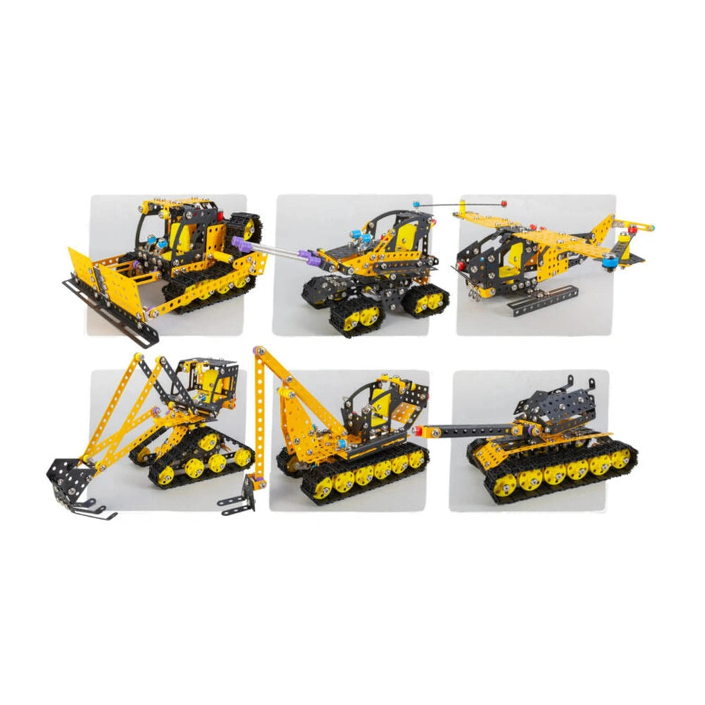 Yellow and black construction vehicles built from Alexander Constructor Ruspa set, showcasing diverse styles and components.