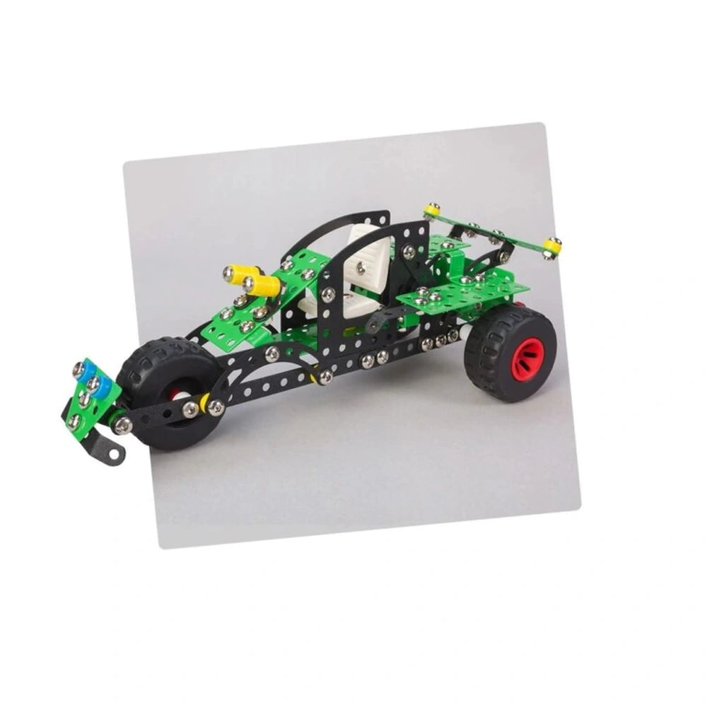 Green and black racing car model from Maly Constructor Pro Manta 5 in 1 set, featuring red wheels and metal components.