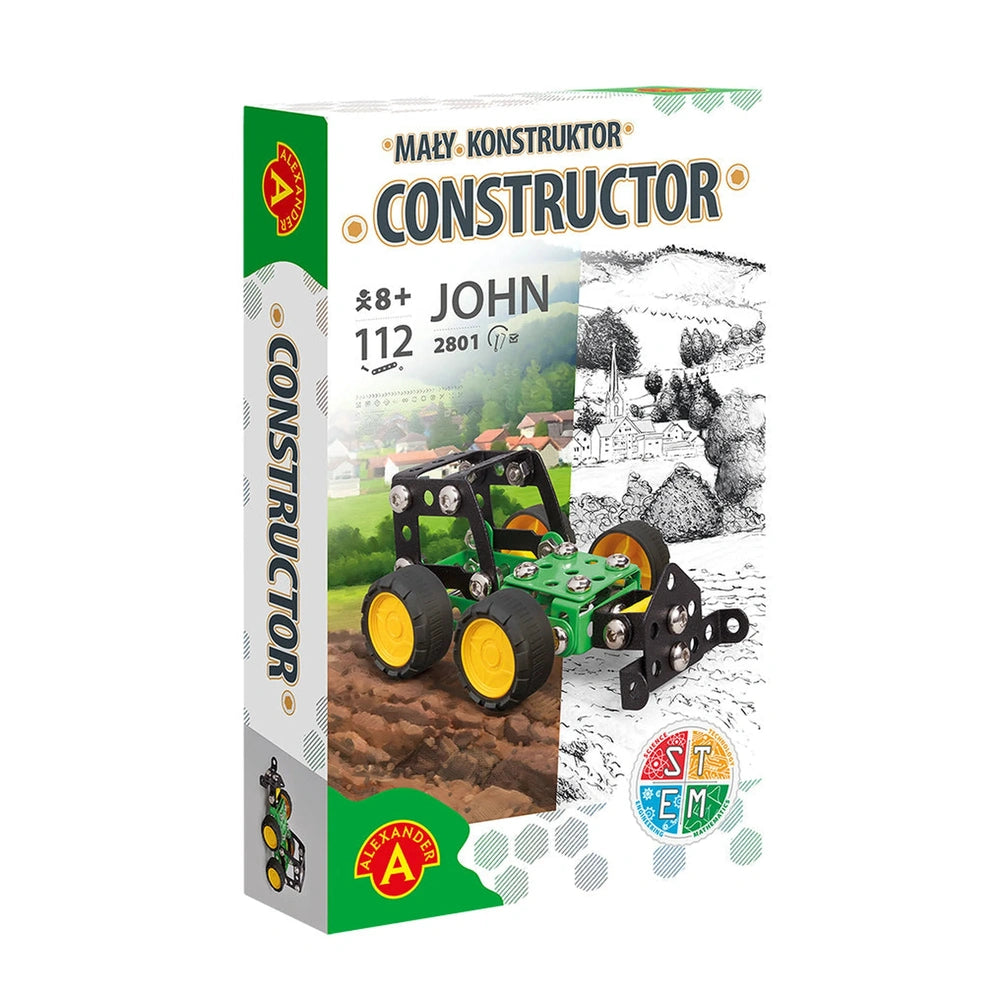 Box for Alexander Maly Constructor Snow Puller set featuring an assembled green and black snow plow toy with yellow wheels.