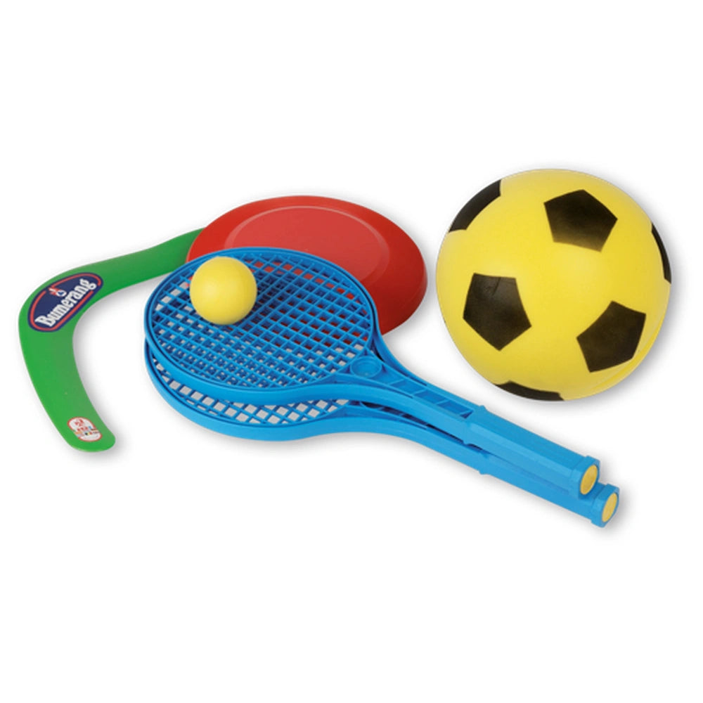 Boomerang, red frisbee, blue rackets, yellow and black sponge ball, and yellow tennis ball from Androni beach set.