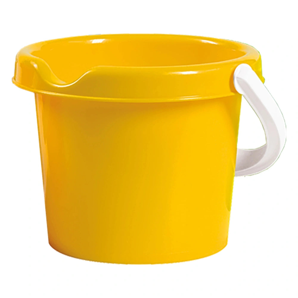 Yellow plastic beach bucket with a white handle, ideal for sand play. Made by Androni, it measures 13 cm in diameter.