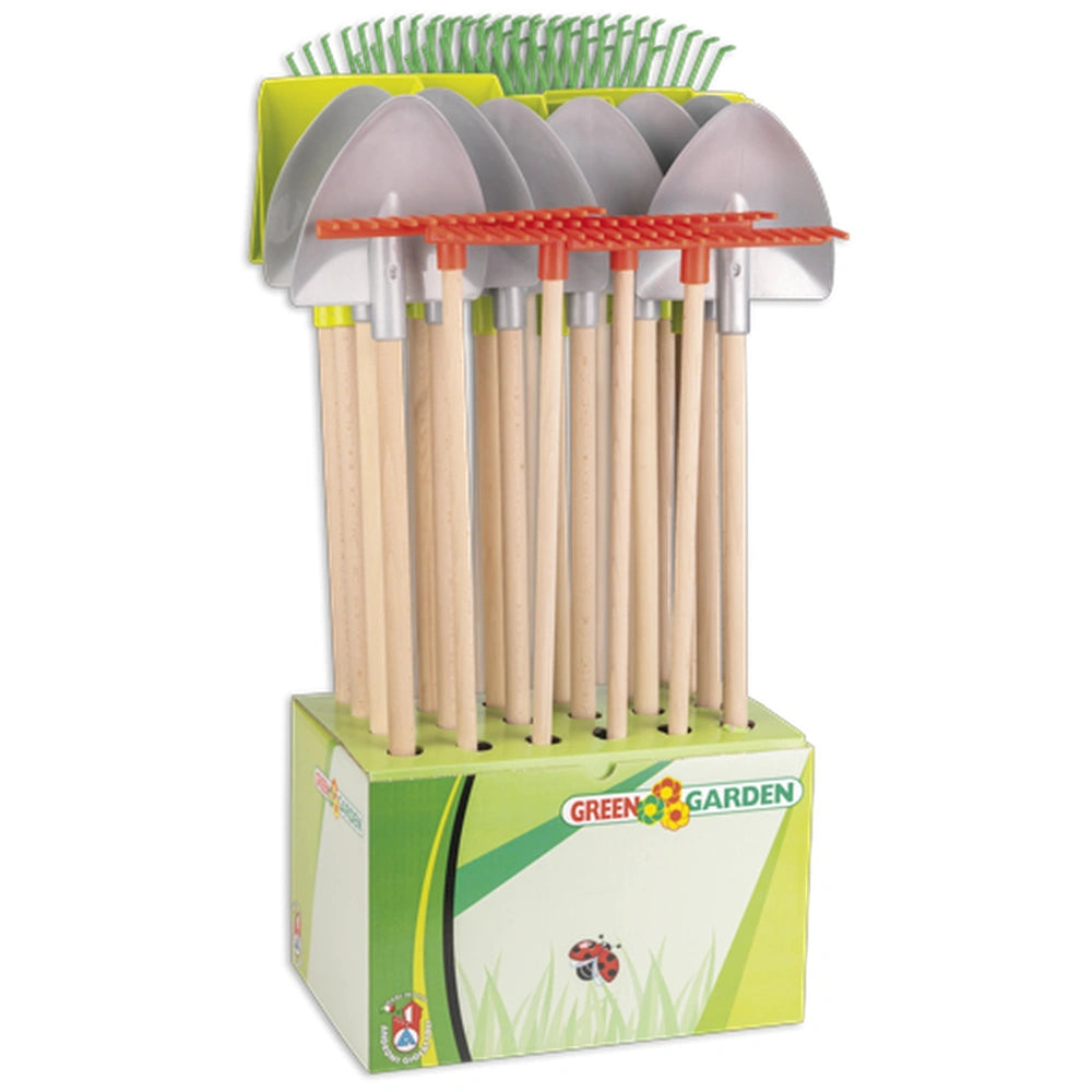 Androni garden tools with wooden handles, including spades and rakes, displayed in a green box for pretend play.
