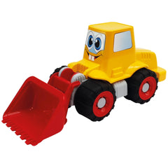 Yellow Happy Bulldozer Truck with cheerful eyes, red scoop, and bicolored wheels.