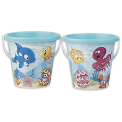 Happy Fish beach buckets with sea creature designs, featuring blue rims and white handles, perfect for sand play.