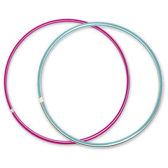 Colorful Androni Hula Hoops, one pink and one blue, overlapping each other, designed for fitness and fun activities.