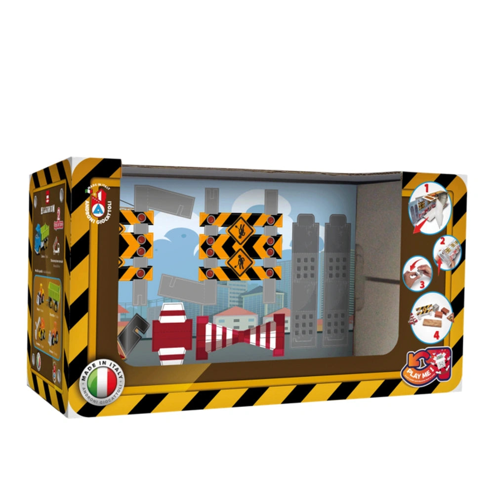 Androni Trucks toy box with work vehicles, caution stripes, and city skyline background.