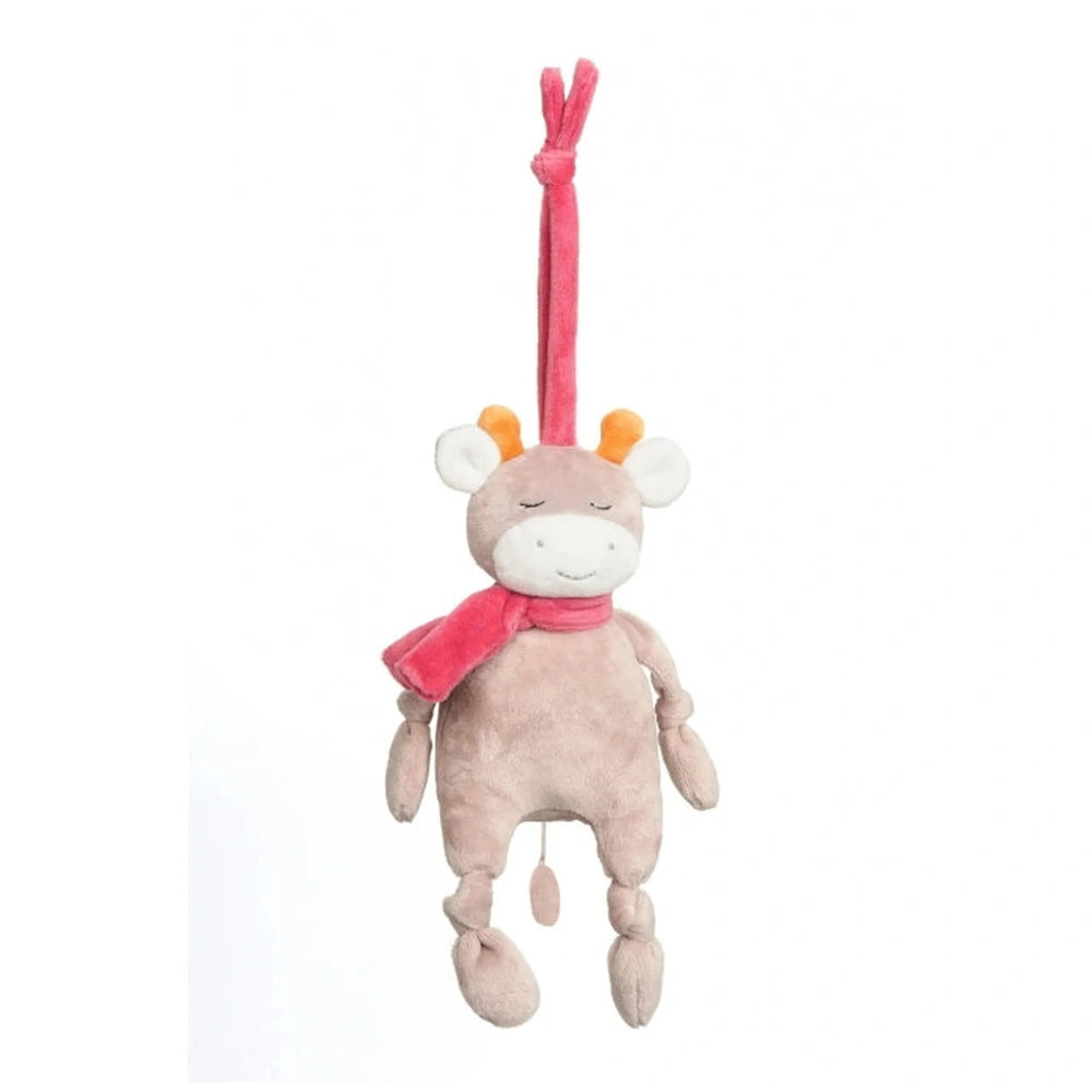 Plush brown cow carillon with closed eyes, soft texture, orange horns, and a red scarf, hanging by a red loop.