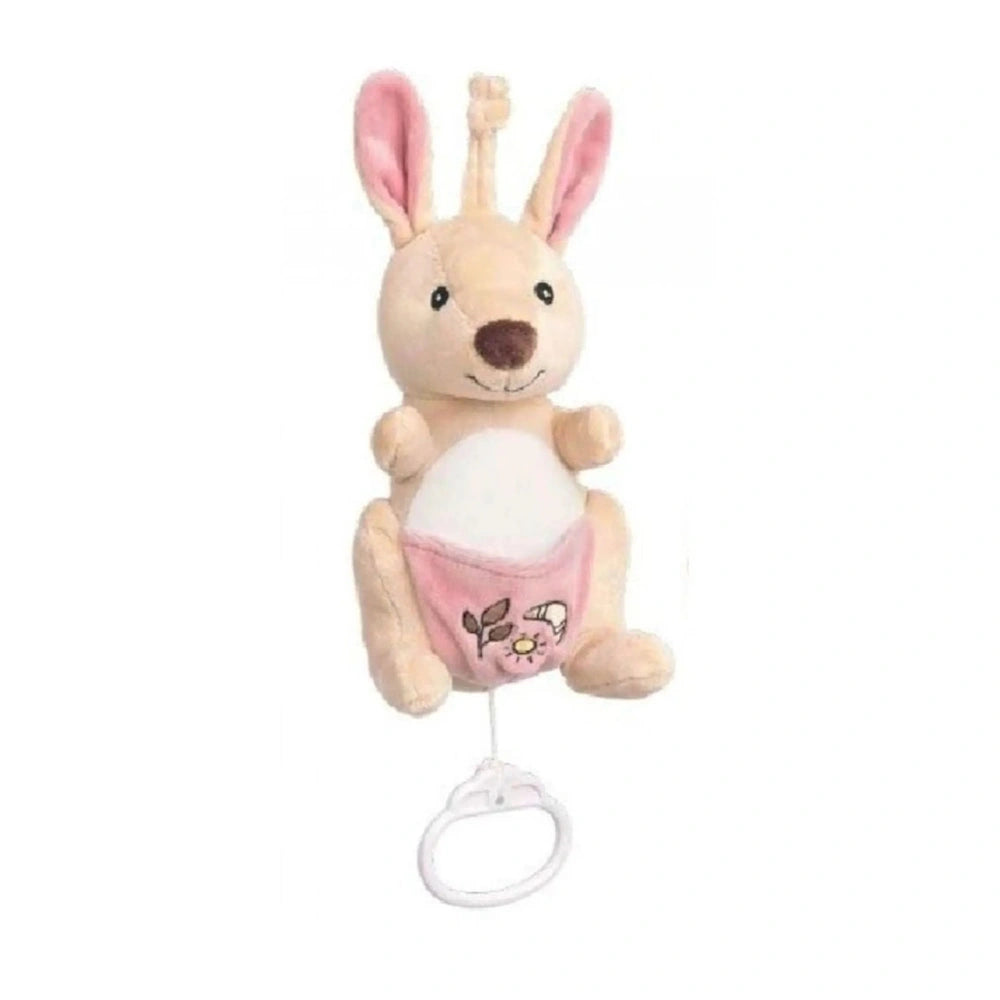 Pink baby kangaroo carillon plush with embroidered flowers, long ears, and pull cord for lullaby music.