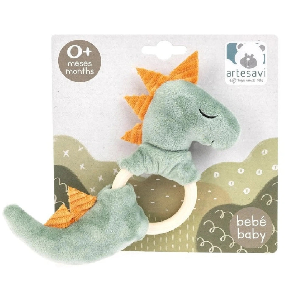 Soft green dinosaur rattle plush with orange spikes and wooden ring on decorative card, ideal for sensory play.