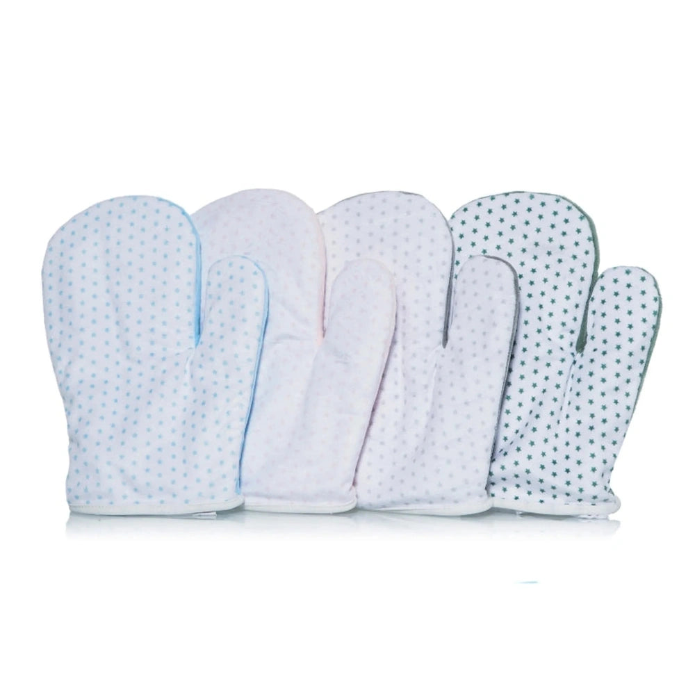 Light blue, pink, and green Artesavi anti-colic gloves with star patterns in a row.