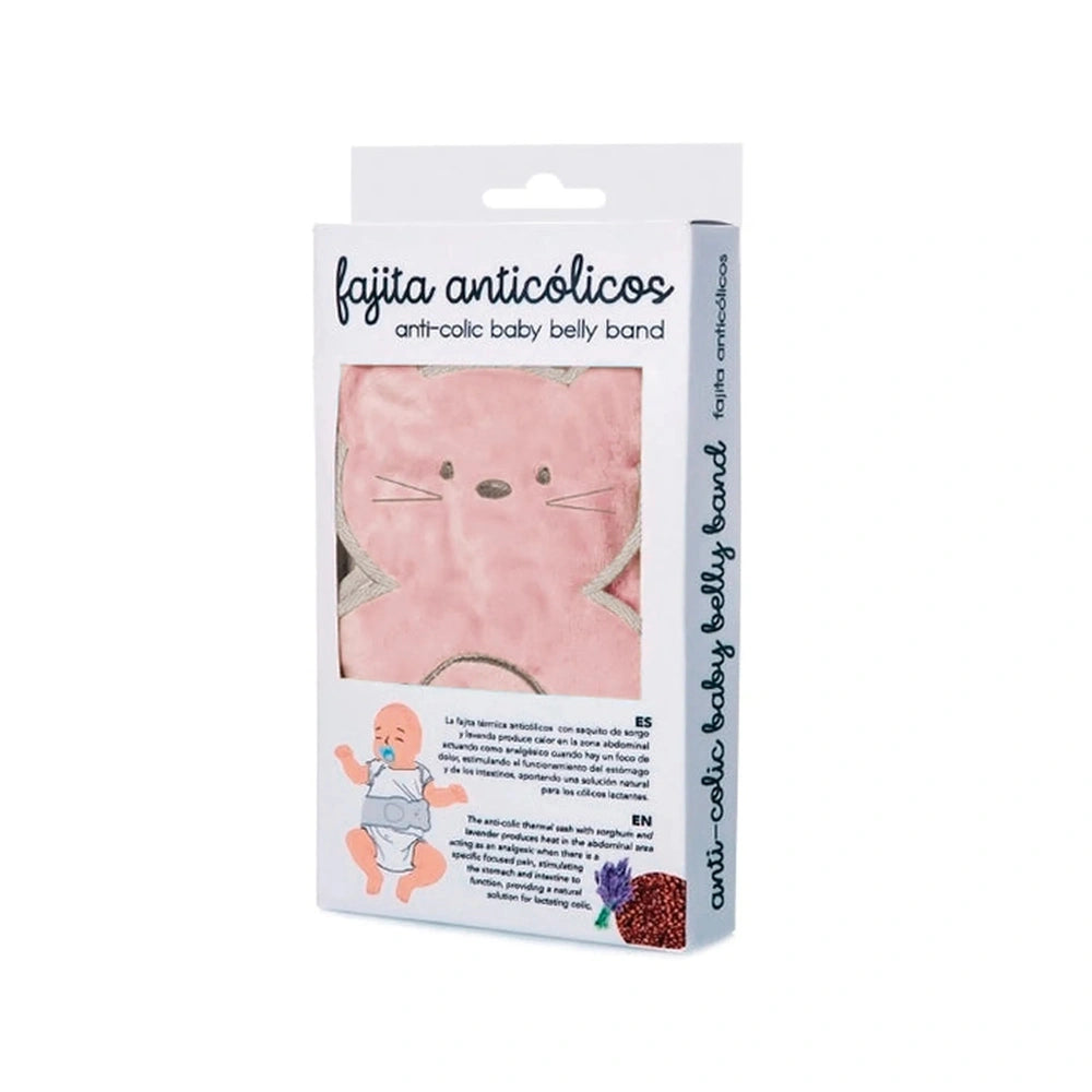 Pink Artesavi anti-colic baby belly band in packaging, featuring a cute design with a soft fabric and soothing properties.