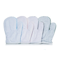 Pastel-colored thermal anti-colic gloves for babies in blue, pink, and green with polka dot patterns.