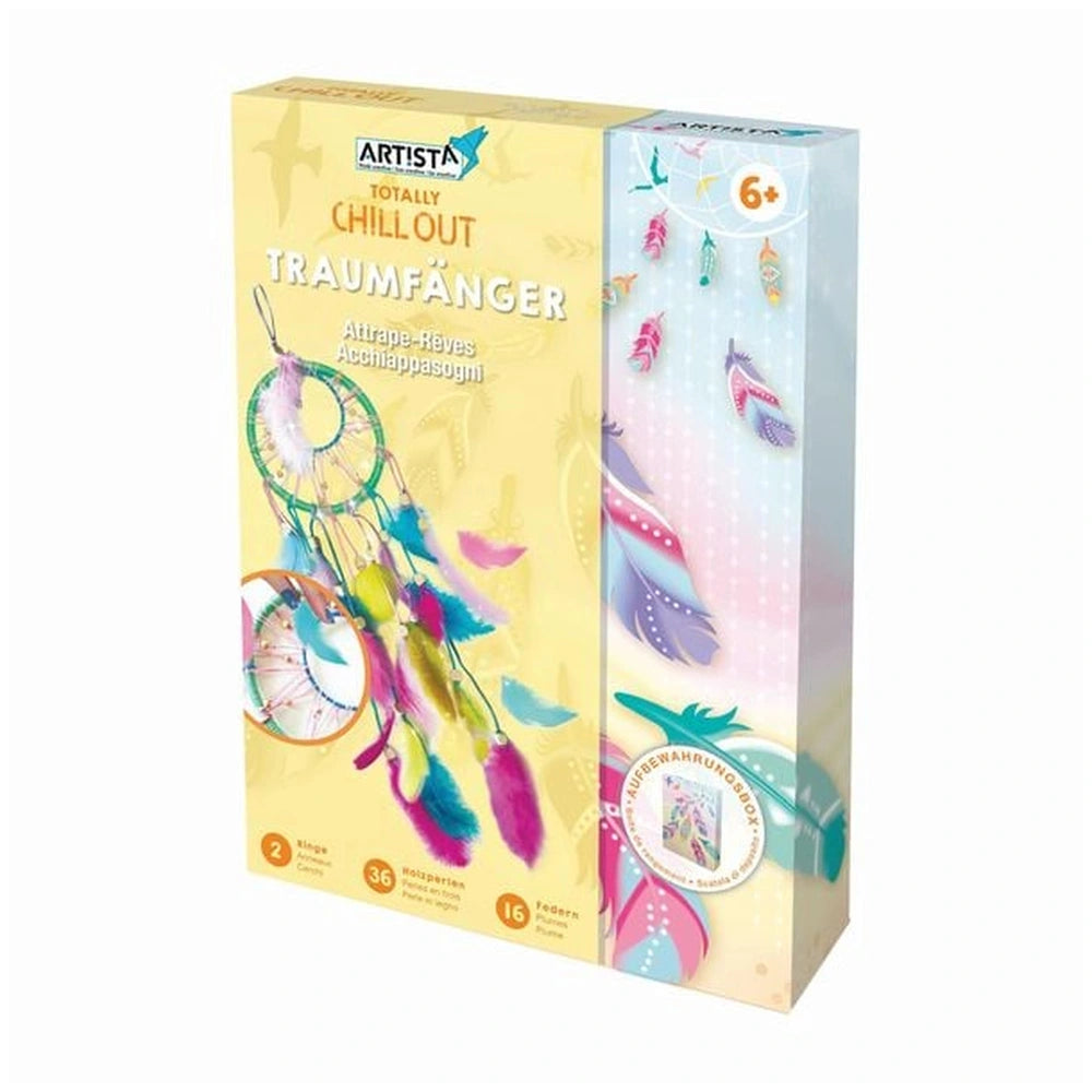 Artista Build Your Dream Catcher kit box, featuring colorful feathers and beads for creativity and decor.