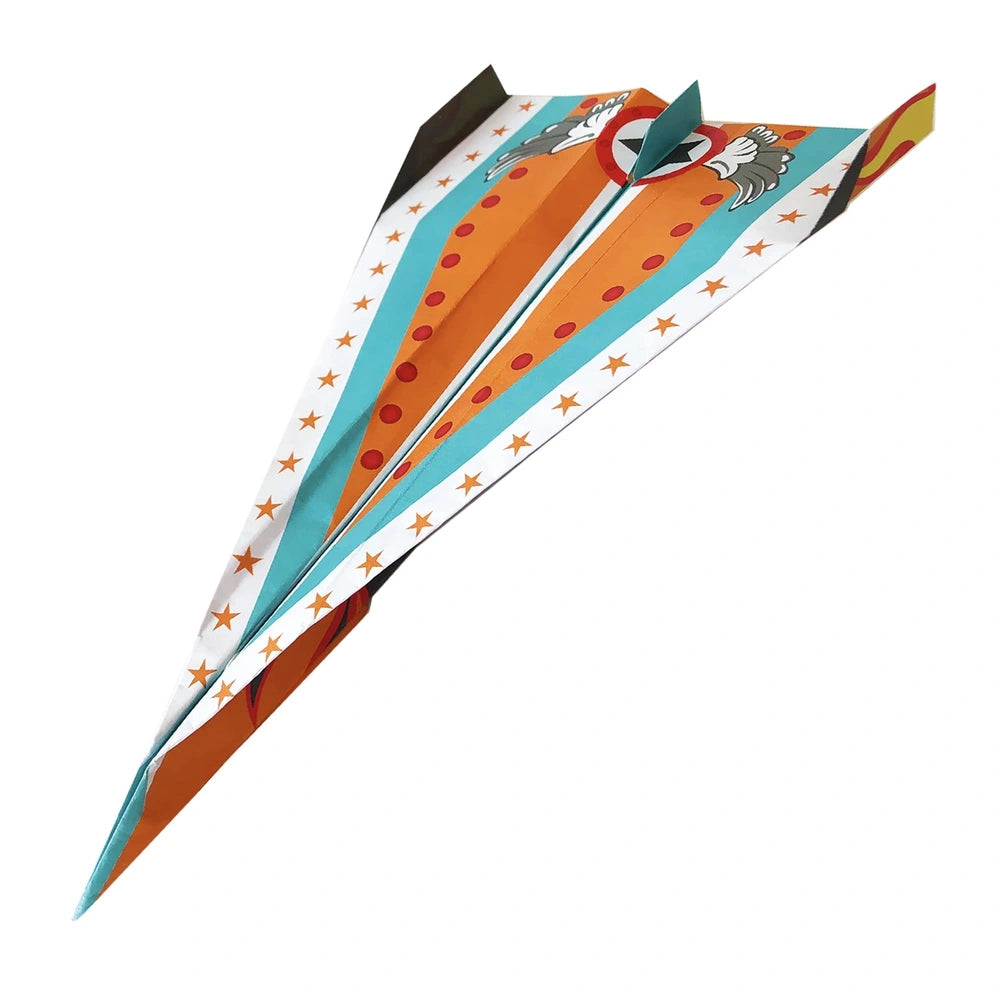 Alt text: "Orange and blue paper airplane flying in the air, perfect for arts and crafts projects - ARTISTA