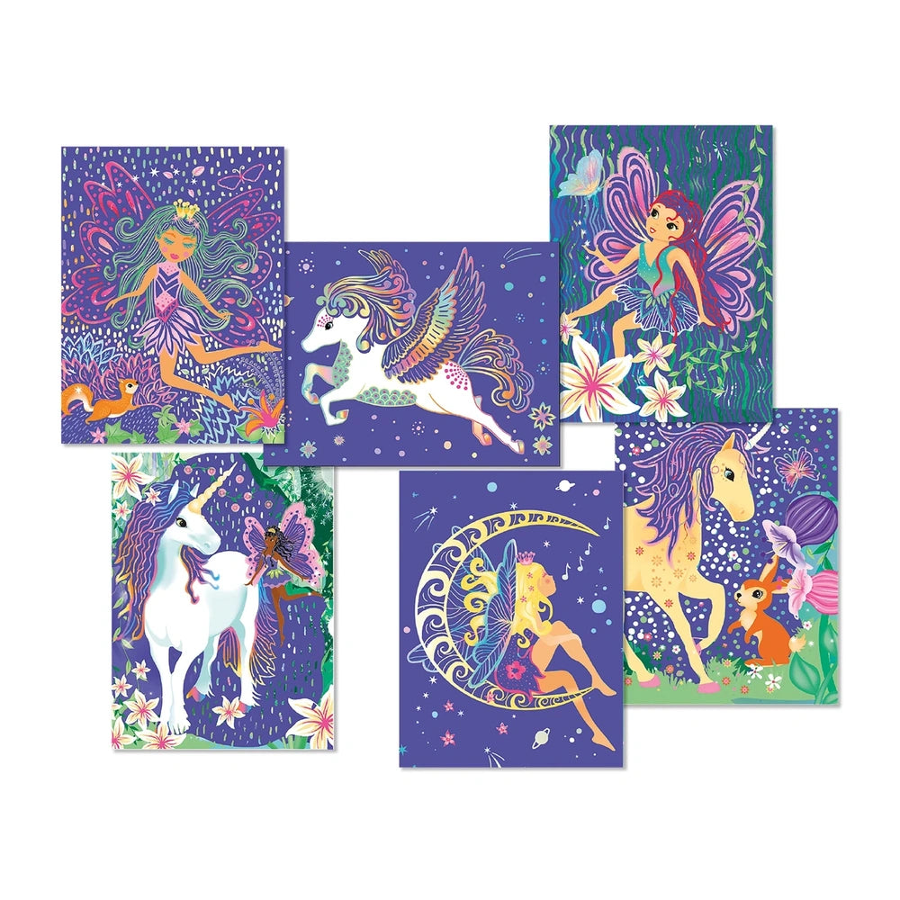 ARTISTA Scratch Pictures set: 6 vibrant cards showcasing a fairy and a unicorn for arts and crafts fun.