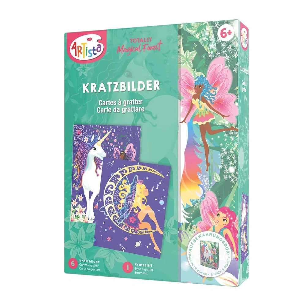 ARTISTA Scratch Pictures set of 6 featuring a fairy and a unicorn on the packaging. Perfect for arts and crafts!