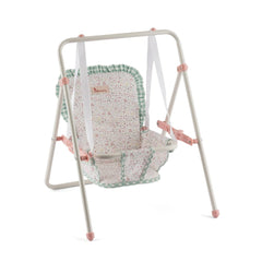 Cream and pink doll swing with floral seat, perfect for 36 to 46 cm dolls.