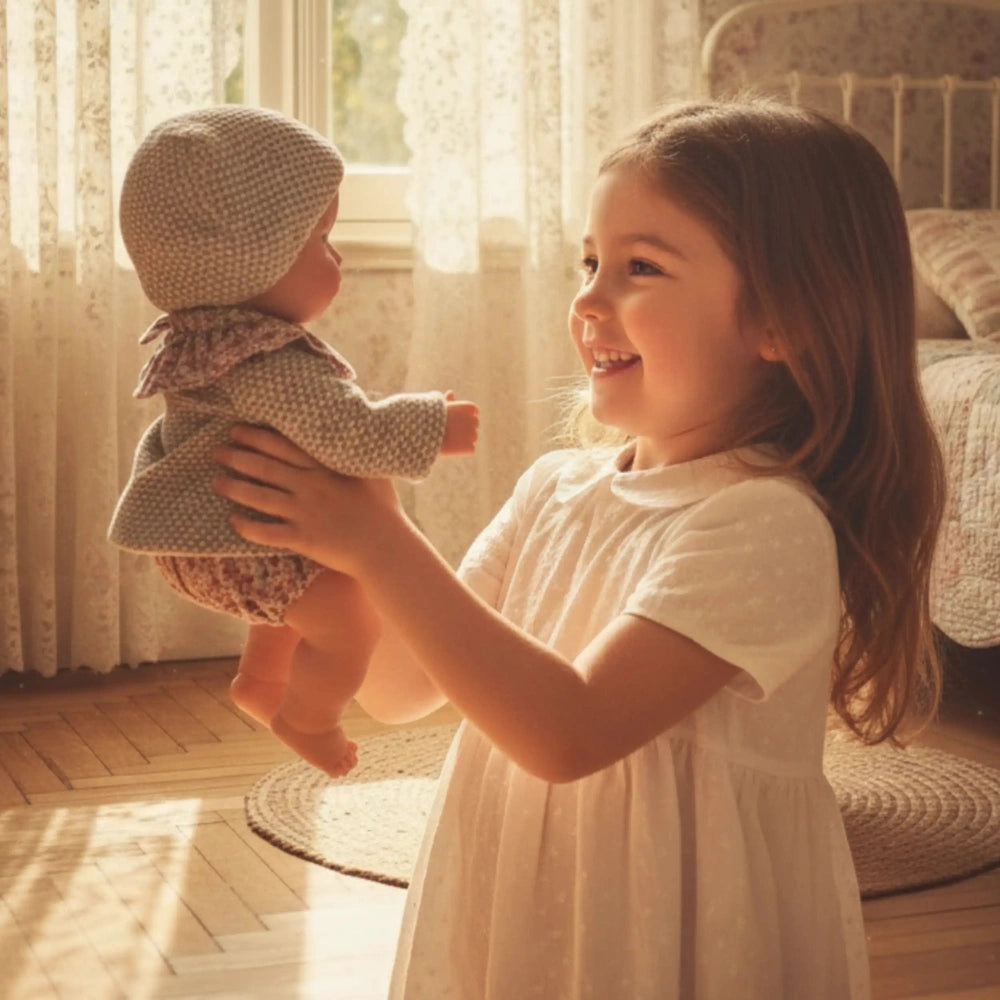 Asi Dolls - Gordi Baby Outfit: A young girl lovingly holds a baby in a cozy, warmly lit indoor setting.