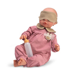 Leo 46 cm doll in pink pajamas, wearing a beige mask, holding a bottle.