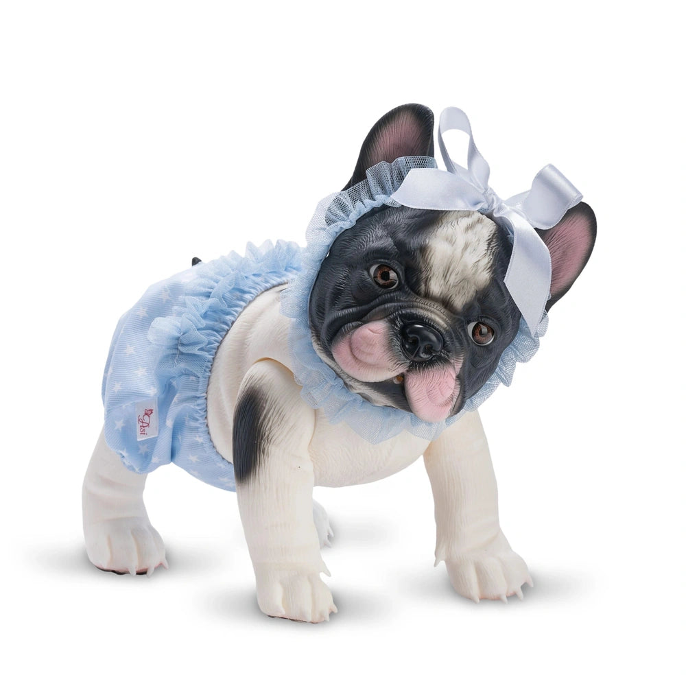 Lifelike French Bulldog doll wearing blue frilly panties with a white bow, captivating brown eyes, and articulated joints.
