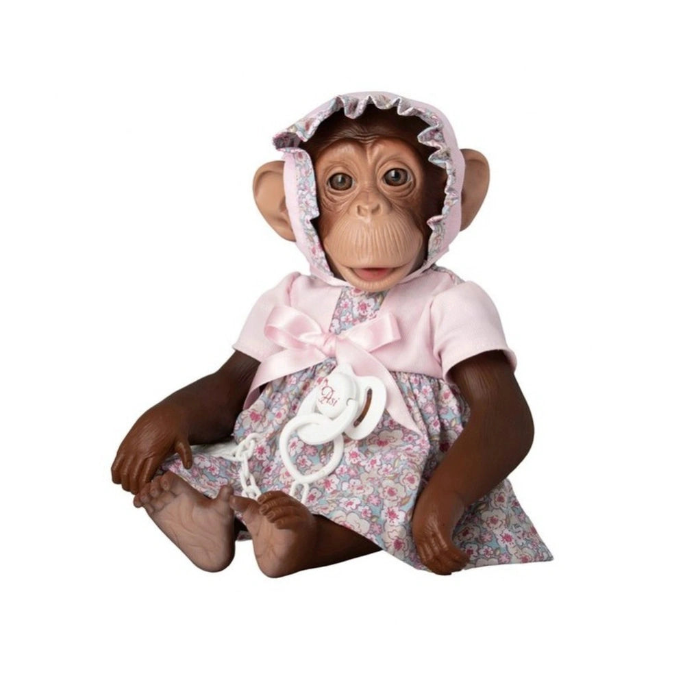 Vinyl monkey doll wearing pink floral dress and bonnet, seated with captivating brown eyes and pacifier accessory.