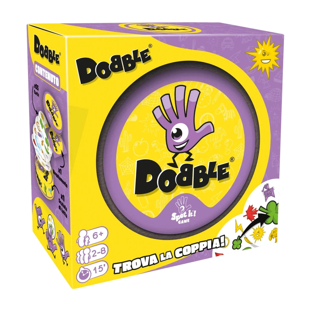 ASMODEE Dobble card game packaging in purple with yellow accents, featuring playful graphics and symbols for the matching game.
