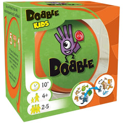 ASMODEE Dobble Kids Card Game box features a colorful design with a cartoon character, clock face, and age recommendations for children.
