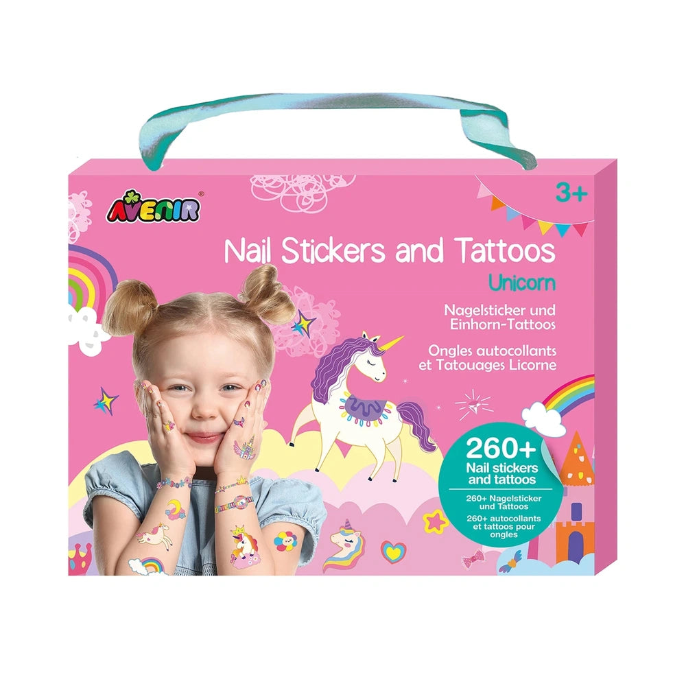 AVENIR Unicorn Nail Stickers & Tattoos packaging showcases glossy pink cardboard, featuring colorful unicorn and rainbow designs for ages 3+.