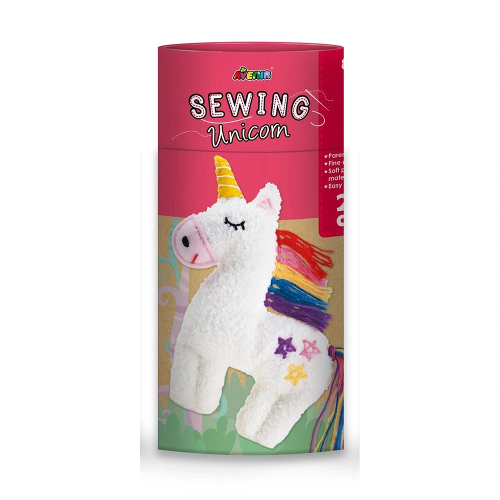 Avenir Unicorn Sewing Kit packaging showcases a vibrant pink design with a white unicorn and rainbow mane, emphasizing arts and crafts.