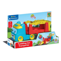 Tumbling Car Transporter toy set features a blue truck with a yellow cab carrying a red car, displayed in vibrant packaging.