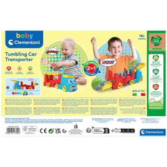 Baby Clementoni 2 In 1 Tumbling Cars Transporter showcases joyful children playing with vibrant toy cars in a colorful settin