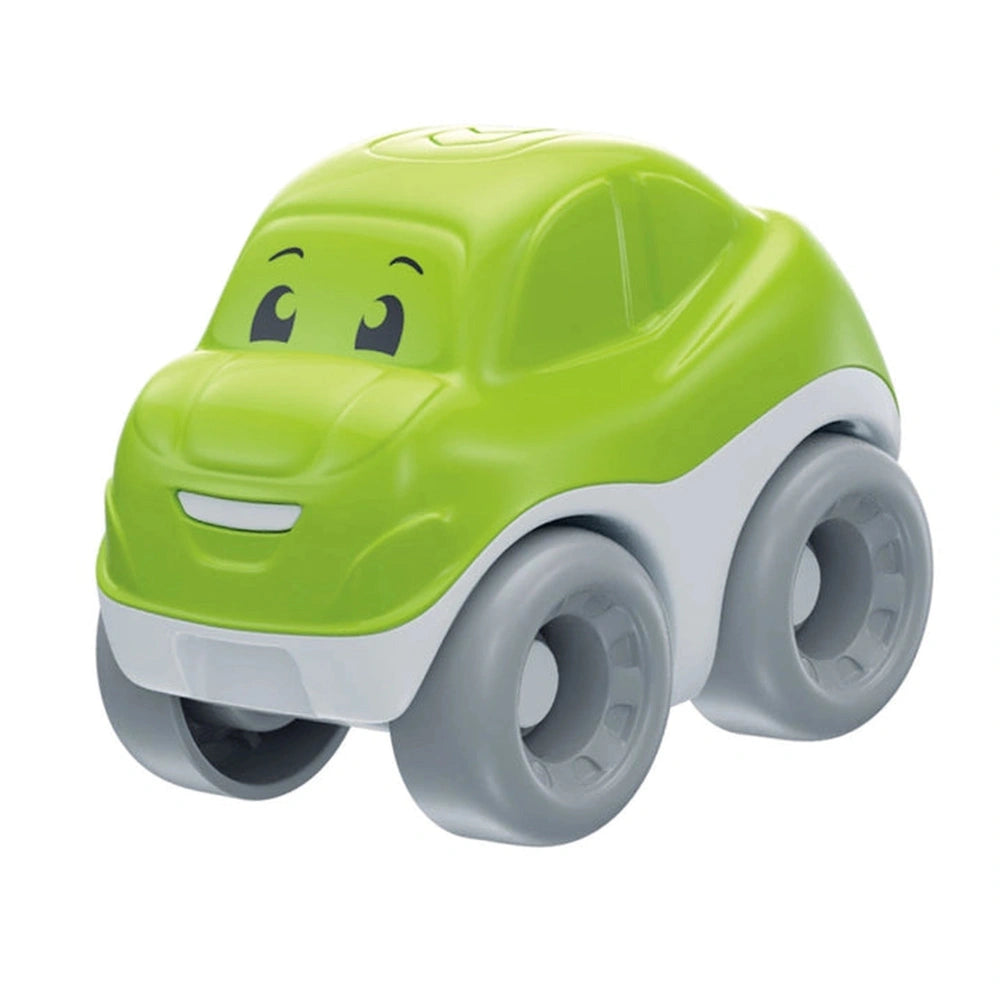 Baby Clementoni's green toy car features a smiling face, textured wheels, and a smooth plastic body, designed for infant play