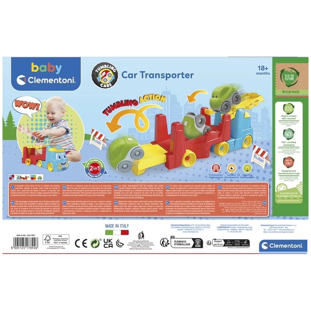 Baby Clementoni 2 In 1 Tumbling Cars Transporter packaging features a colorful illustration of a child joyfully playing with 