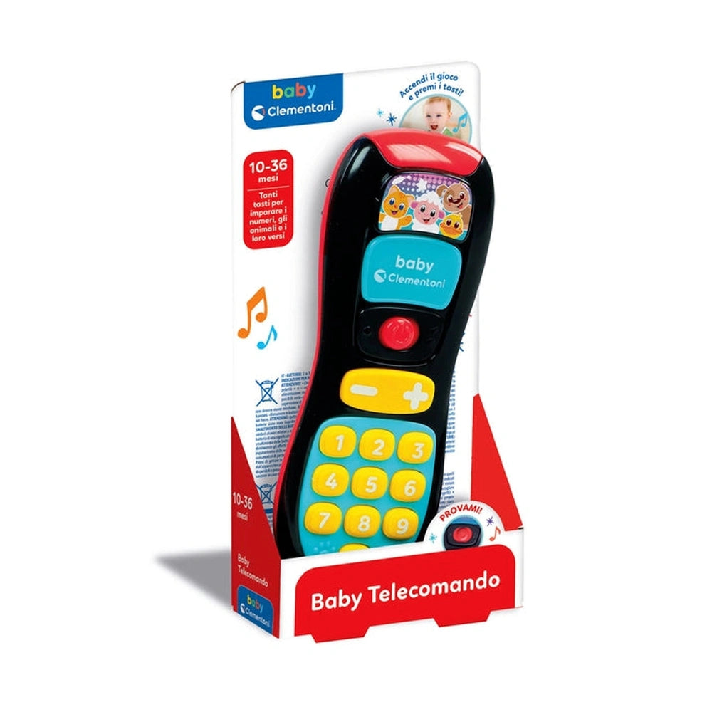 Baby Clementoni walkie-talkie toy in a colorful package, featuring a screen with icons and tactile buttons for young children
