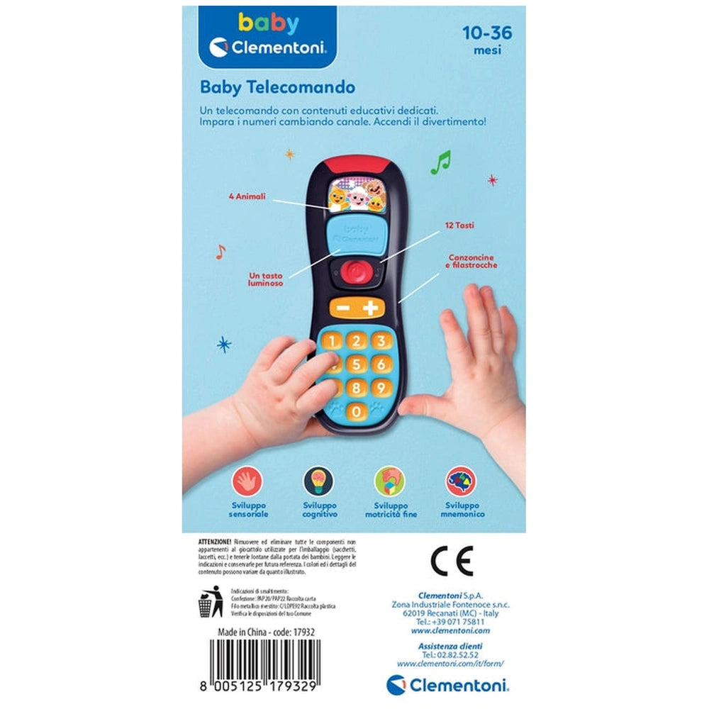 Baby Clementoni toy phone features colorful buttons, a cartoon screen, and a playful design on a light blue background.