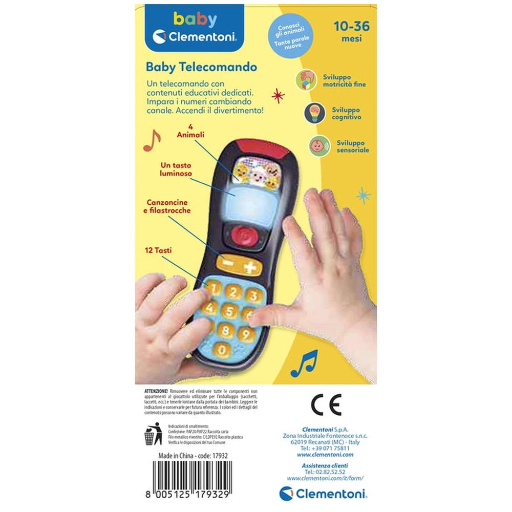 Baby Clementoni telephone with colorful buttons and screen, held by hands, features educational content and musical notes.
