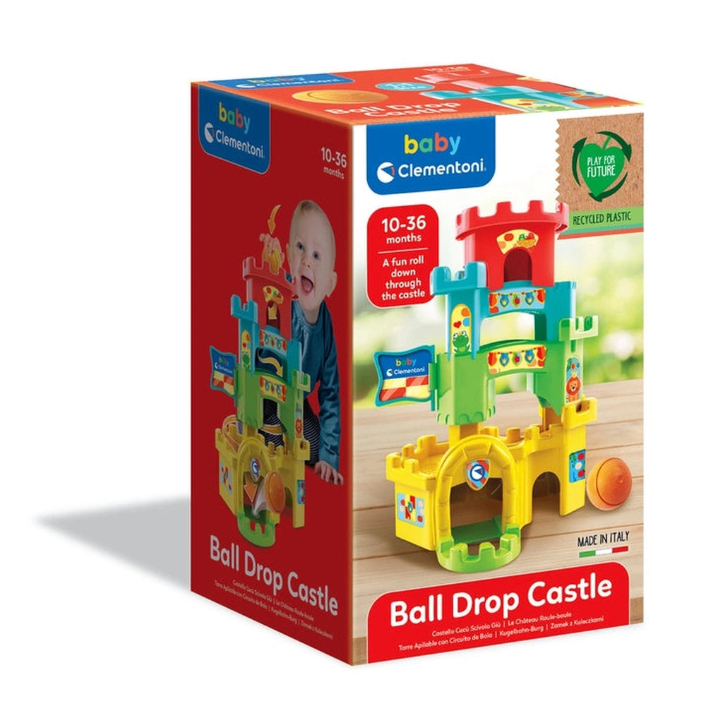 Baby Clementoni Ball Drop Castle toy box features a colorful castle design with a ball drop, suitable for ages 10-36 months.
