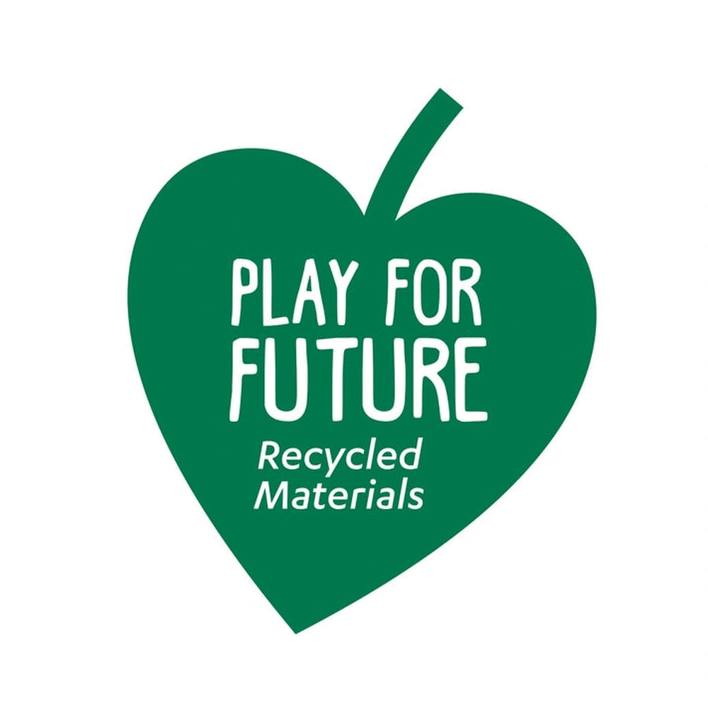 Green apple graphic with a stem and leaf, featuring text "PLAY FOR FUTURE RECYCLED MATERIALS" on a white background.
