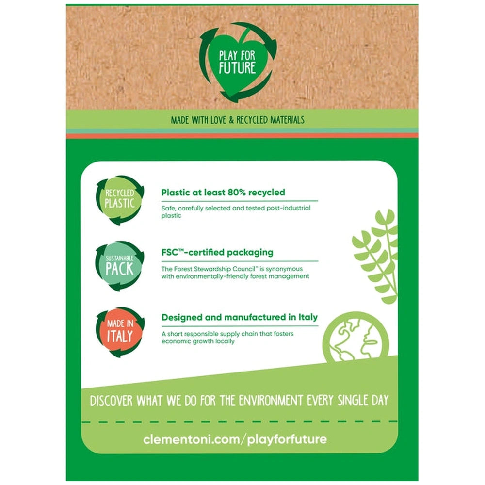 Baby Clementoni - Ball Drop Castle brochure highlights eco-friendly features with circular designs promoting recycled materia