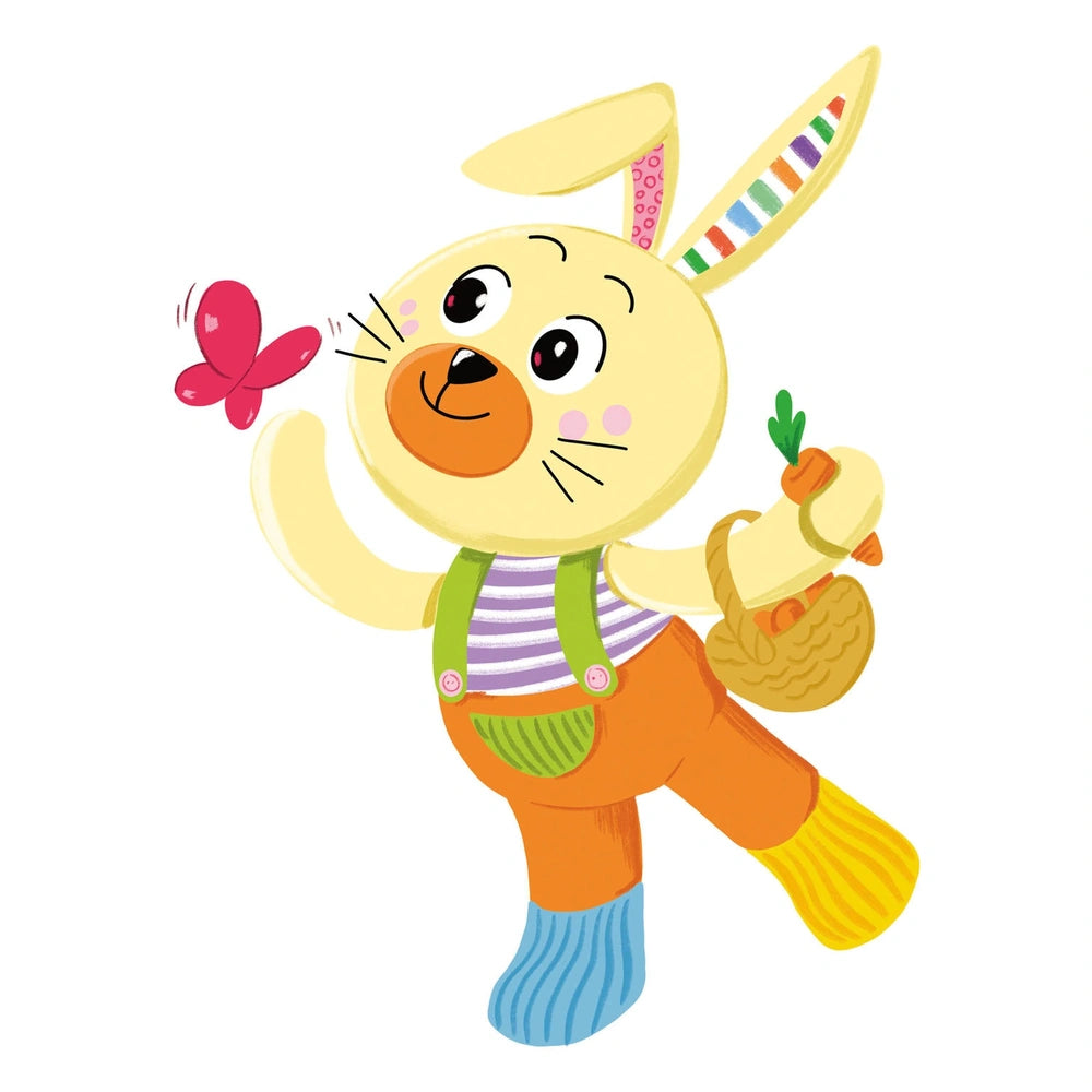 Benny the Puppy is a yellow bunny in a striped shirt, holding a carrot and basket, with a cheerful expression and plush textu
