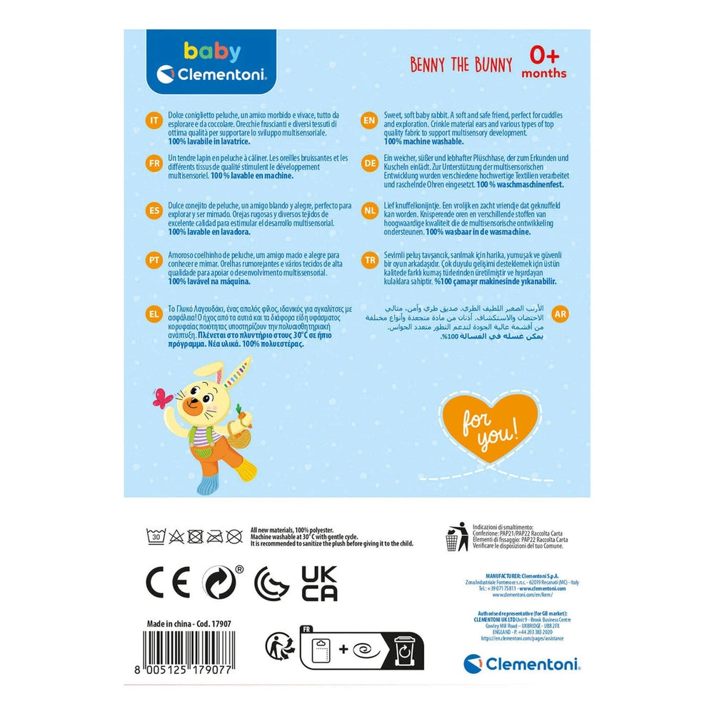 Benny the Bunny product label features a blue background, cartoon bunny, and text highlighting age suitability and features.