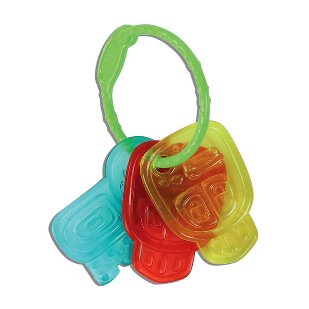 Baby Clementoni Doudou gift set features colorful plastic stacking toys interconnected by a green ring for easy handling.