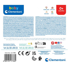 Baby Clementoni label in blue and white with icons, barcode, and multilingual text for soft bear stuffed animals.