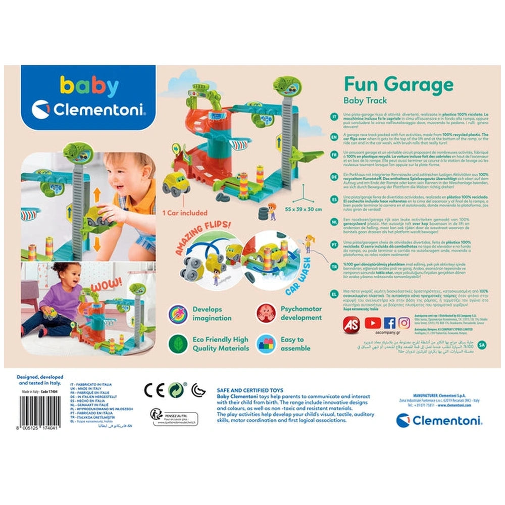 Baby Clementoni Fun Garage packaging showcases a colorful toy with ramps, slides, and a car track, appealing to young childre