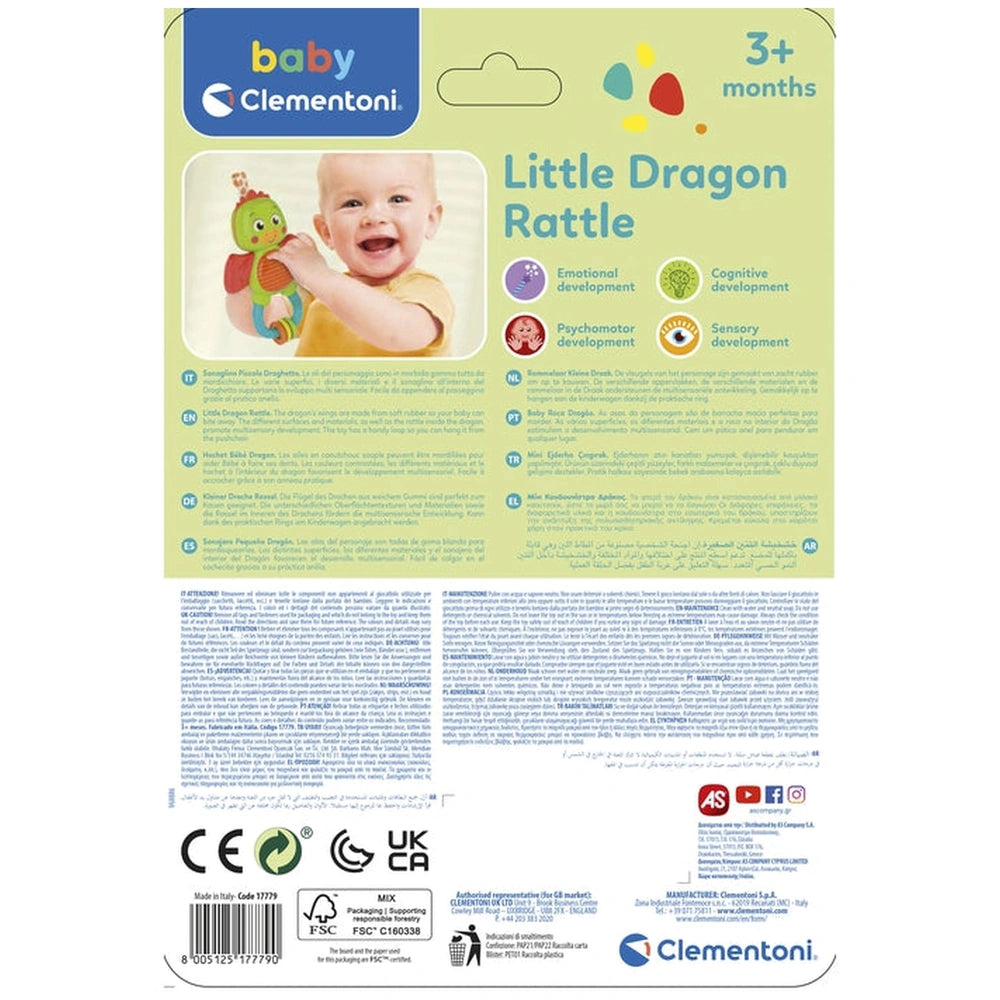Baby Clementoni's Little Dragon Rattle packaging features a smiling baby in a yellow top on a glossy green background.