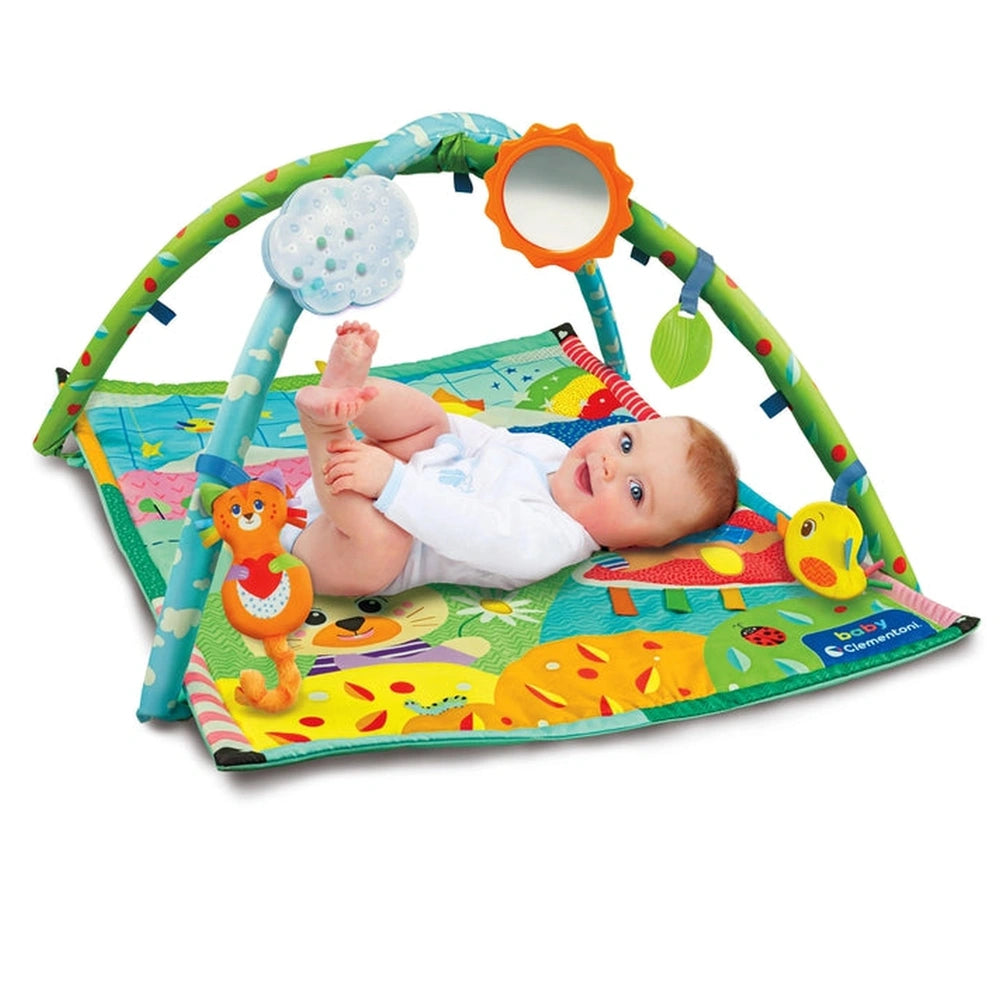 Baby lies on a colorful play mat surrounded by vibrant toys, smiling contentedly in a playful environment.