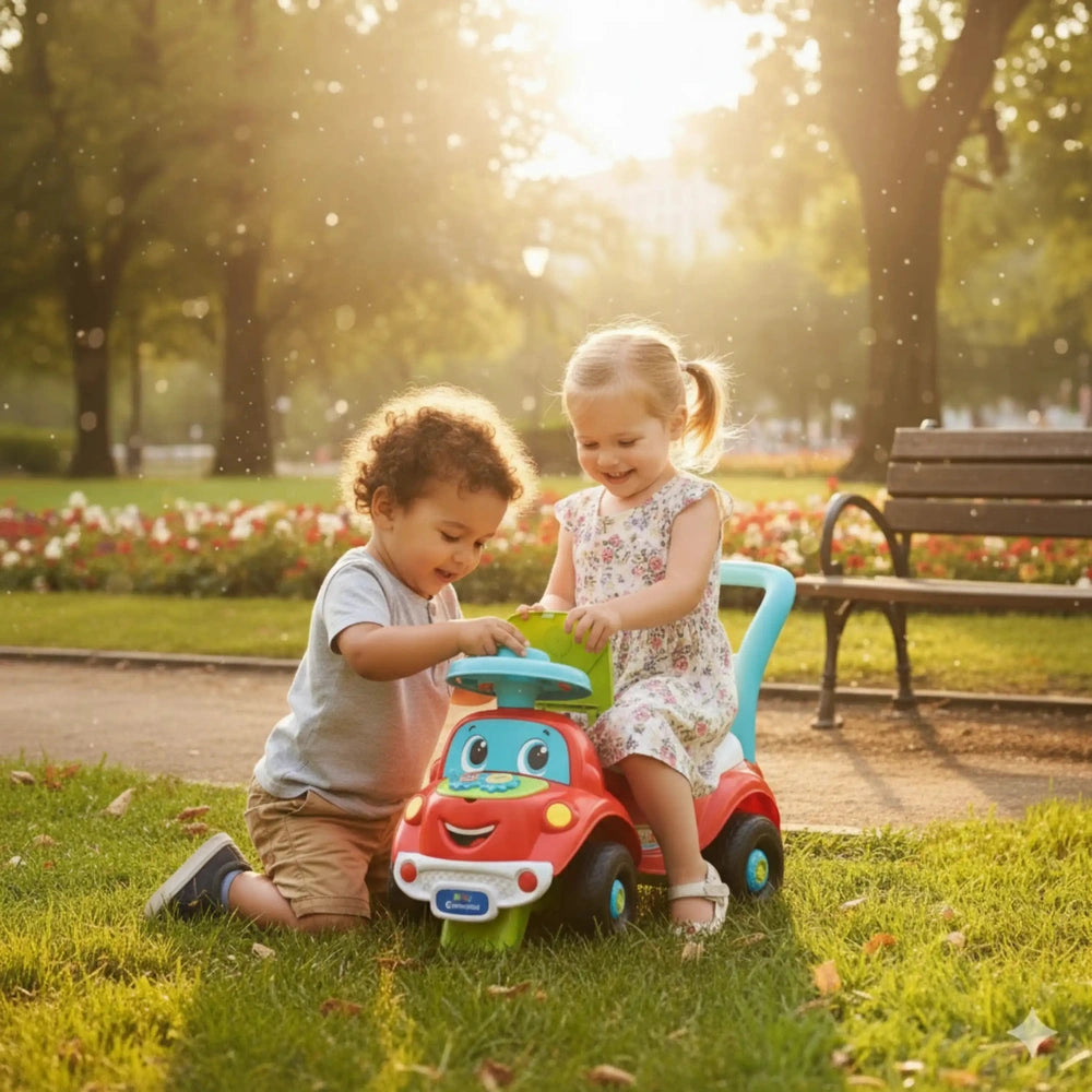 Baby Clementoni Nicolo Go Go riding toy in red, with two smiling children playing on grass in a sunny outdoor setting.